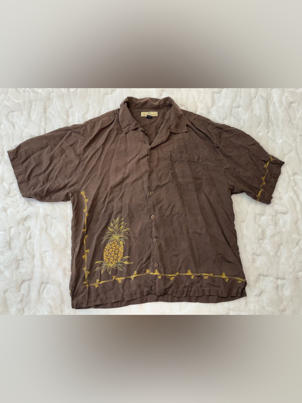 Tommy Bahama Mens Silk Short Sleeve Shirt Brown Aloha Pineapple Print Size XL